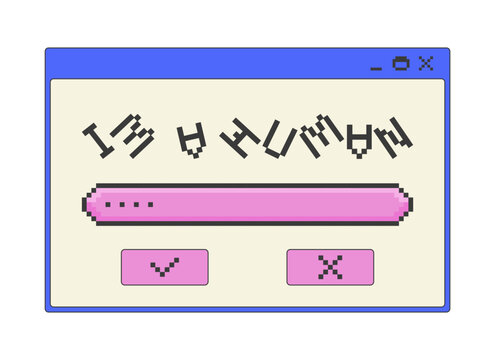 Human verification pixel art popup window UI overlay. Captcha screen with input field. Bot detection. Spam protection. Blocky interface element in retro 8bit style. Bitmap-inspired UX design