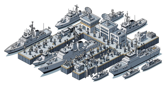 Isometric 3D military base illustration showing an army headquarters with ships docked in a naval port, created with a vector design and a detailed composition against a white background