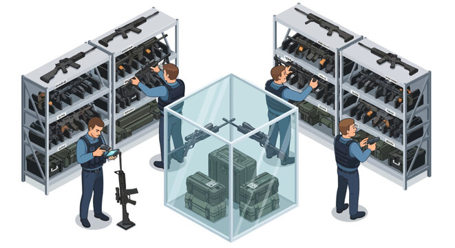 Isometric 3D illustration of a military base armory, showing soldiers organizing rifles and ammunition on shelves with a clean, vector design against a white background, illustrating
