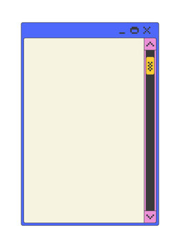 Scrollbar navigation blank pixel art popup window UI overlay. Vertical scroll bar empty page. Content control panel. Blocky interface element in retro 8bit style. Bitmap-inspired UX design