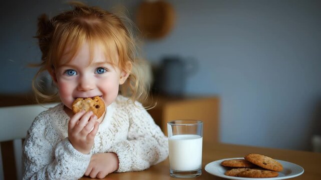 Happy a little girl eating milk and cookies at home