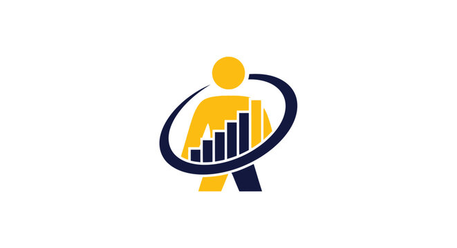 Abstract human figure with growth chart and encircling orbit representing business analytics and progress.