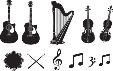 Fototapeta premium Musical instrument silhouettes, acoustic guitars, harp, violins, tambourine, 