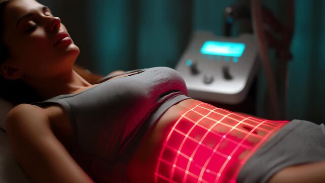 Woman getting slimming treatment in infra red non invasive laser grid device on abdominal muscles in wellness spa clinic, Laser lipo session for fat sculpting with advanced technology