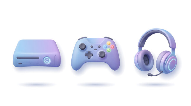 Pastel 3D Gaming Gear Icons: Console, Controller, and Headset Set on White Background