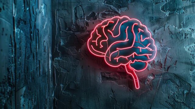 Neon brain sign on textured, grunge wall background