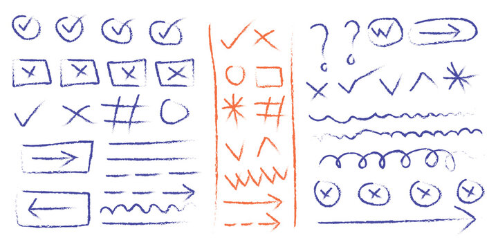 Hand-drawn blue & orange colour underlines, check marks, ovals, highlights, notebook, emphasis crayon elements sheet with transparent background.