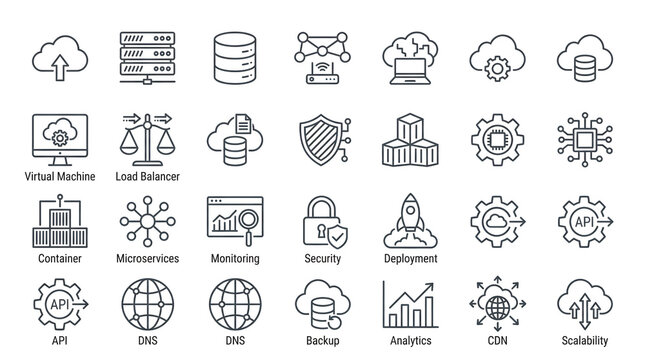 Cloud Computing, IT Infrastructure & Data Management Line Icons Set: Servers, Security, Networking, Virtualization, API, Analytics