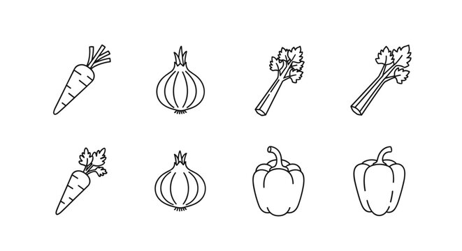 Collection of simple line art icons featuring fresh vegetables like carrots, onions, celery, and bell peppers