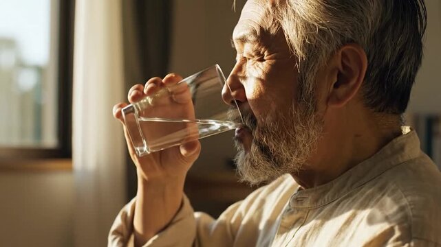 A peaceful elderly man with a white beard drinks a glass of fresh water in the warm morning sunlight