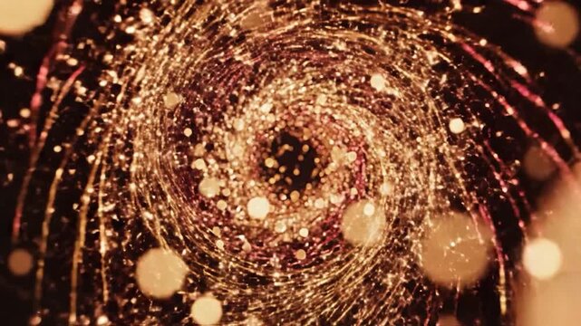 A beautiful abstract background featuring golden glowing particles swirling in a dark space
