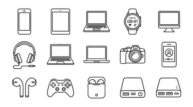 Modern Electronic Devices Outline Icon Set. Digital Gadgets Line Art Collection for Web, UI, and Mobile Apps.