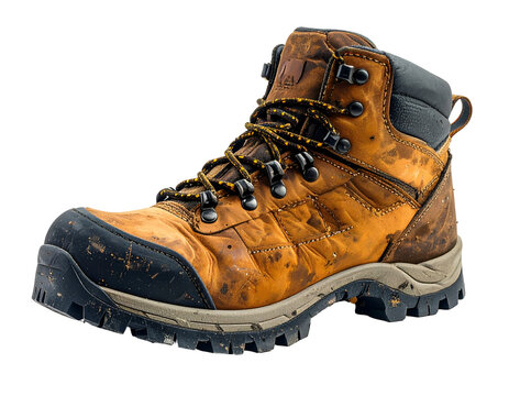 Rugged, worn, brown leather hiking boot with muddy accents