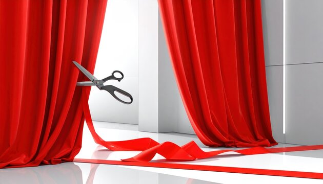 Scissors cutting red ribbon, symbolizing new beginnings and opportunities.