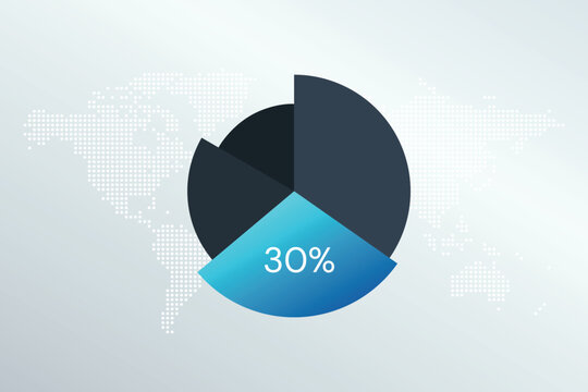30 percent chart symbol. Vector blue gradient infographic sign. Dotted World Map background. Illustration for business, finance, report, market share, web design, presentation