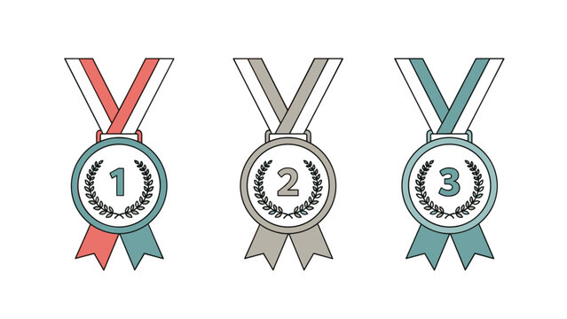 Set of three numbered achievement medals with ribbons for first second and third place winners in competition.
