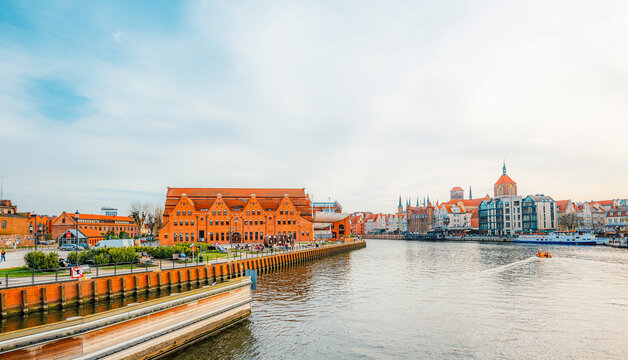 Gdansk with Motlawa river in Poland. Old town colourful house with Polish Baltic Frederic Chopin Philharmonic