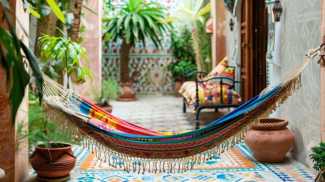 Vibrant hammock in lush, colorful courtyard, perfect for relaxation