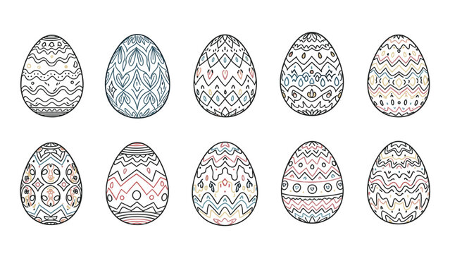 Collection of ten beautifully decorated easter eggs featuring intricate line patterns and subtle color accents on white.