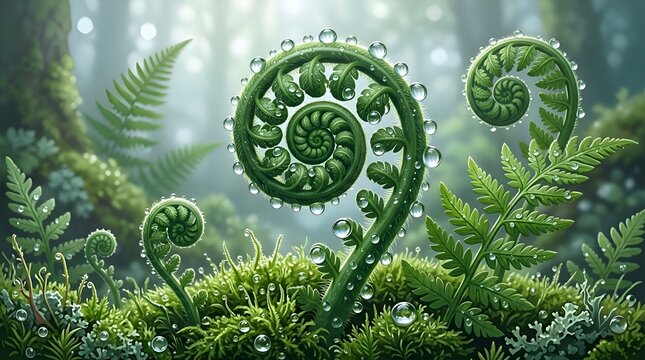 Fiddlehead Ferns Covered with Water Droplets in a Forest