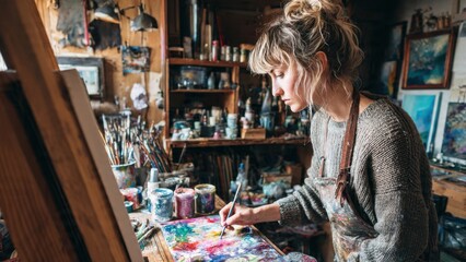 Obraz premium Young female artist focused on painting, mixing vibrant colors on a palette in her cozy, cluttered art studio filled with creative tools and finished artworks.