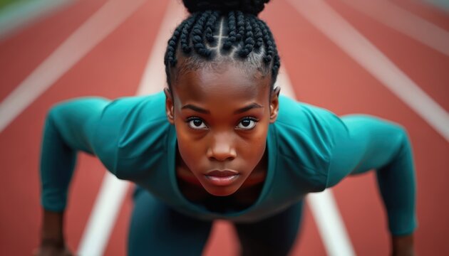 Young woman runner on track in starting position. Female athlete has focused look, ready for sprint race. She wears teal athletic outfit, preparing for intense competition.
