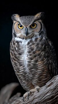 Gray owl perched on tree branch