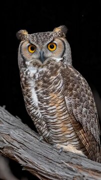 Gray owl perched on tree branch