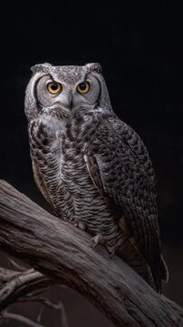 Gray owl perched on tree branch