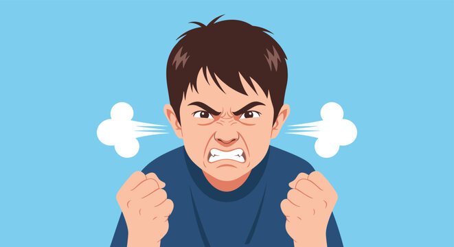 Furious young man with an angry expression clenches his fists while white steam clouds puff out from his ears against a blue background.