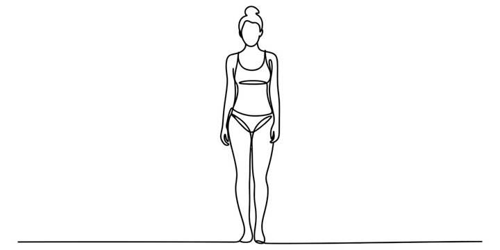 Minimalist continuous single line drawing of a woman standing in a simple sports bikini set. Vector, illustration