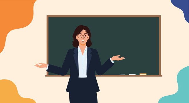 Smiling woman teacher in a dark suit and glasses stands in front of an empty green chalkboard with her arms open in a welcoming classroom.