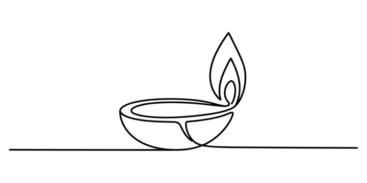 A minimalist single continuous line drawing of a traditional diya oil lamp with a burning flame. Vector, illustration