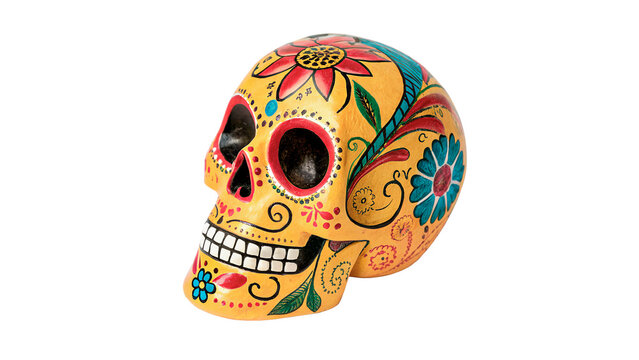 Colorful sugar skull for Day of the Dead celebration isolated on transparent background cut out