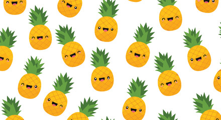 Obraz premium Seamless pattern of cute cartoon pineapples with happy and winking expressions on a white background for tropical food design.