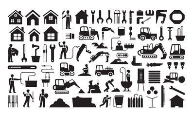 Obraz premium Large set of construction workers, tools, and vehicles black silhouette icons vector illustration.