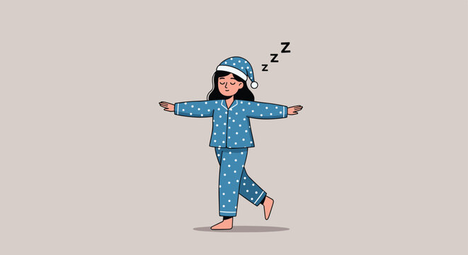 Young girl in polka dot pajamas and a sleeping cap walking while asleep with her arms outstretched and eyes closed on a gray background.