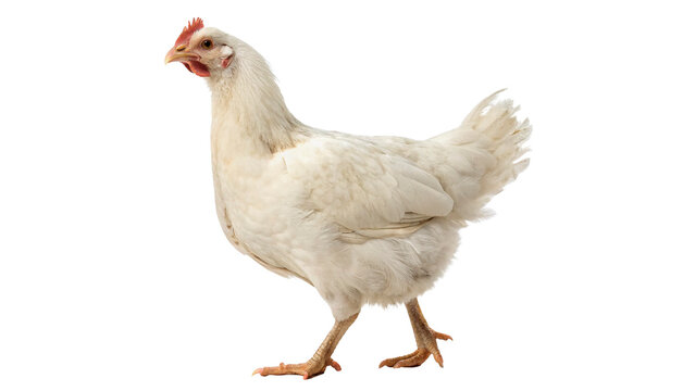 White chicken stands isolated on transparent background cut out