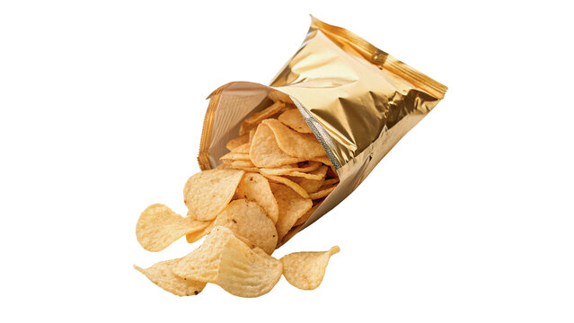 A bag of potato chips is open and spilling its contents isolated on transparent background cut out
