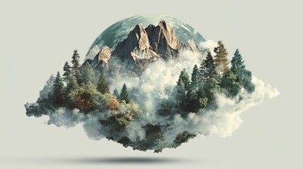 Fototapeta premium A surreal floating island with mountains, dense pine trees, and clouds, blending nature with a dreamlike atmosphere.
