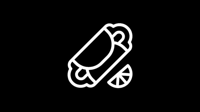 Simple white line art icon of a burrito and a lime wedge on a black background