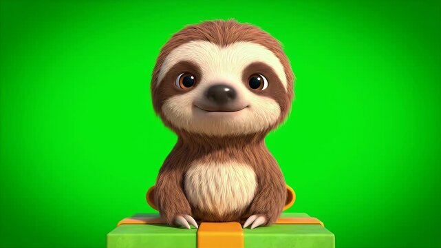 Adorable Baby Sloth Character Peeking Out From A Green Gift Box With An Orange Ribbon Isolated On A Vibrant Green Screen