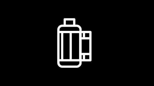 Simple white icon of a film roll and film strip on a black background