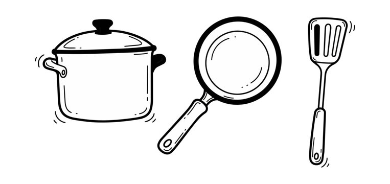 Cooking utensils illustration kitchenware set pan pot spatula isolated