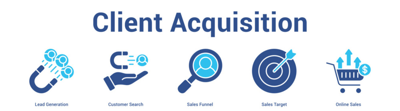 Client Acquisition web banner icon set vector illustration concept for business with icon of Lead Generation, Customer Search, Sales Funnel, Sales Targ.