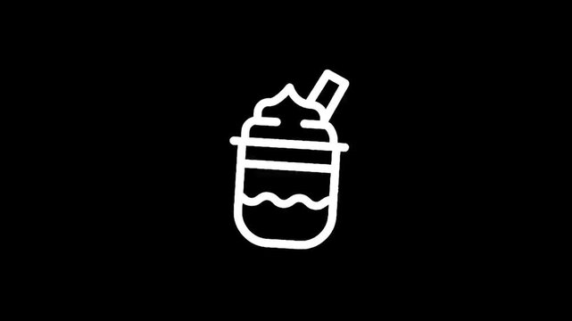 Simple white line drawing of a layered beverage in a cup with a straw on black background