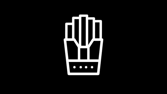 Simple white outline icon of french fries in a red carton on a black background