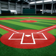 Fototapeta premium Meticulously striped indoor baseball grass lines on a professional field, viewed from home plate.