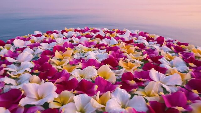 Flower petals on surface banner with soft light and clean minimal floral background