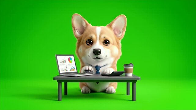 Adorable Corgi Dog Animated Character Working On Laptop At Desk With Coffee Cup Calculator Showing Financial Charts Isolated On